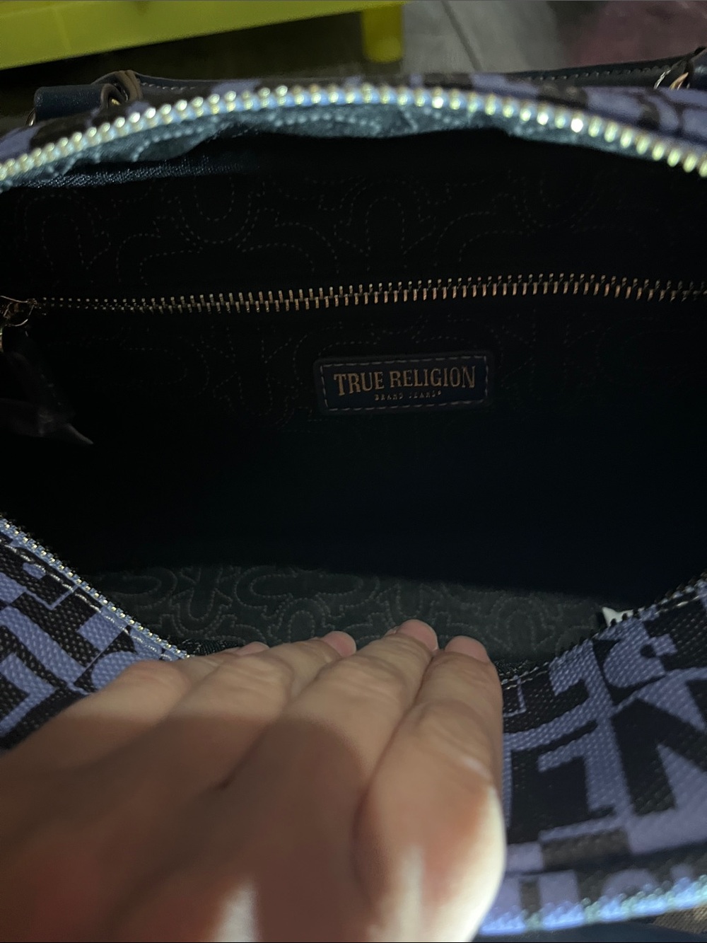 True Religion Navy Logo Satchel with Beige Strap and Patch Charms - Picture 5 of 10